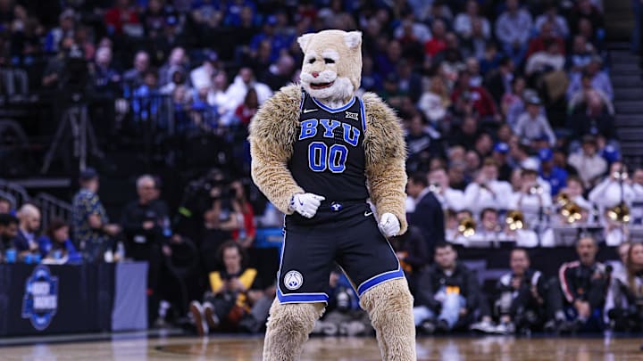 Mar 27, 2025; Newark, NJ, USA; Brigham Young Cougars mascot Cosmo the Cougar performs during an East Regional semifinal of the 2025 NCAA tournament against the Alabama Crimson Tide at Prudential Center. Mar 27, 2025; Newark, NJ, USA; Brigham Young Cougars mascot Cosmo the Cougar performs during an East Regional semifinal of the 2025 NCAA tournament against the Alabama Crimson Tide at Prudential Center.