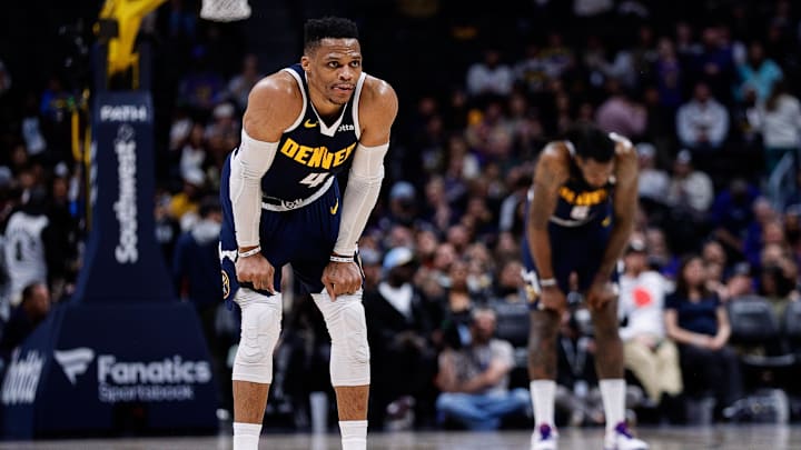 Apr 2, 2025; Denver, Colorado, USA; Denver Nuggets guard Russell Westbrook (4) and center DeAndre Jordan (6) in the fourth quarter against the San Antonio Spurs at Ball Arena. Mandatory Credit: Isaiah J. Downing-Imagn Images