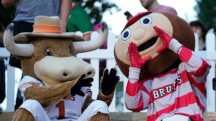 Ohio State mascot, Brutus, and University of Texas mascot, Hook 'Em, interact during a filming of the Joel Klatt Show on Ohio State's campus on Aug. 28, 2025. The Buckeyes' kick off the 2025 season against the Longhorns at Ohio Stadium on Aug. 30. Ohio State mascot, Brutus, and University of Texas mascot, Hook 'Em, interact during a filming of the Joel Klatt Show on Ohio State's campus on Aug. 28, 2025. The Buckeyes' kick off the 2025 season against the Longhorns at Ohio Stadium on Aug. 30.