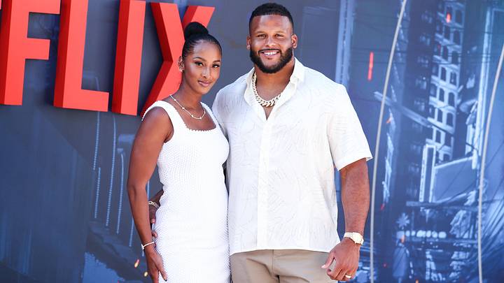Erica Donald and husband American football defensive tackle player Aaron Donald arrive at the World Premiere Of Netflix s The Gray Man held at the TCL Chinese Theatre IMAX on July 13, 2022 in Hollywood, Los Angeles, California