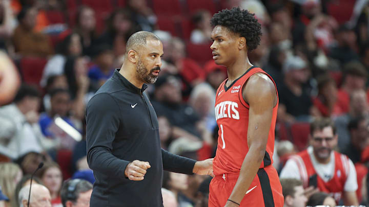 Oct 29, 2023; Houston, Texas, USA; Houston Rockets head coach Ime Ukoka talks with forward Amen
