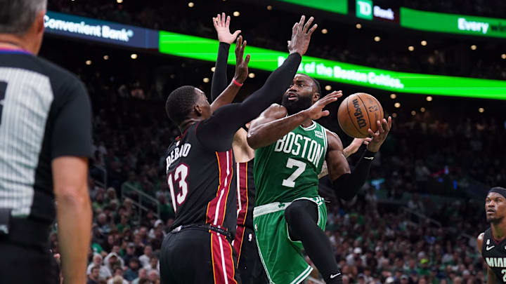 May 29, 2023; Boston, Massachusetts, USA;  Boston Celtics guard Jaylen Brown (7) shoots against