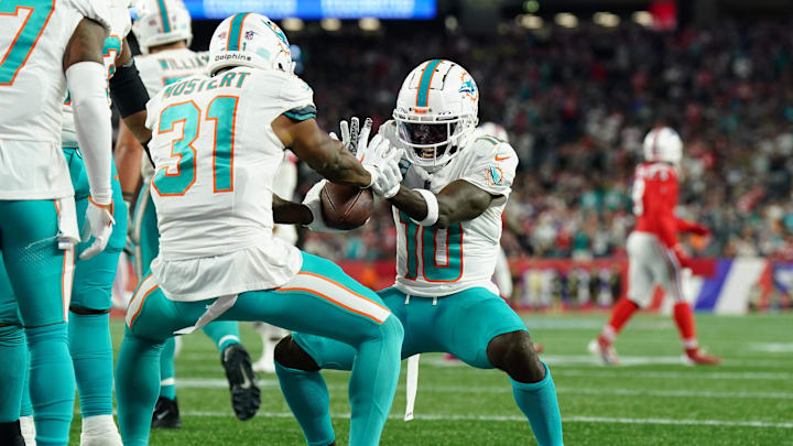 Sep 17, 2023; Foxborough, Massachusetts, USA; Miami Dolphins running back Raheem Mostert (31)