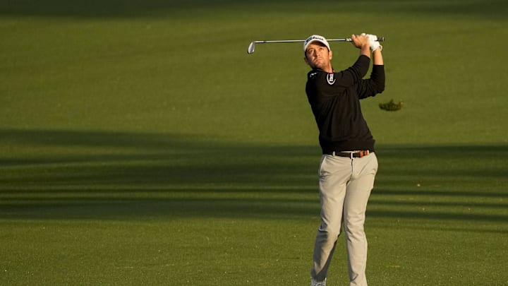 Apr 10, 2025; Augusta, Georgia, USA; Davis Riley plays his shot from the no. 2 fairway during the first round of the Masters Tournament. Apr 10, 2025; Augusta, Georgia, USA; Davis Riley plays his shot from the no. 2 fairway during the first round of the Masters Tournament.