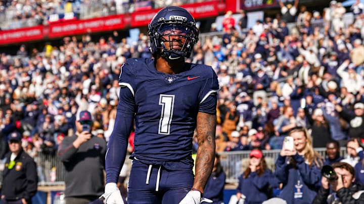 Nov 1, 2025; East Hartford, Connecticut, USA; UConn Huskies wide receiver Skyler Bell (1) reacts after his touchdown against the UAB Blazers at Rentschler Field.