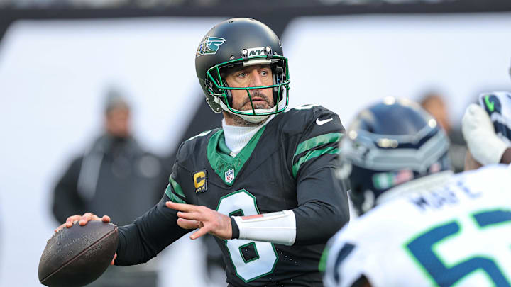New York Jets quarterback Aaron Rodgers prepares a throw against the Seattle Seahawks on Dec 1, 2024.