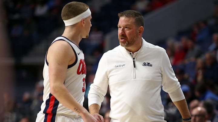 Dec 7, 2024; Oxford, Mississippi, USA; Mississippi Rebels head coach Chris Beard talks with guard Sean Pedulla (3) during the second half against the Lindenwood Lions at The Sandy and John Black Pavilion at Ole Miss. Mandatory Credit: Petre Thomas-Imagn Images Dec 7, 2024; Oxford, Mississippi, USA; Mississippi Rebels head coach Chris Beard talks with guard Sean Pedulla (3) during the second half against the Lindenwood Lions at The Sandy and John Black Pavilion at Ole Miss. Mandatory Credit: Petre Thomas-Imagn Images