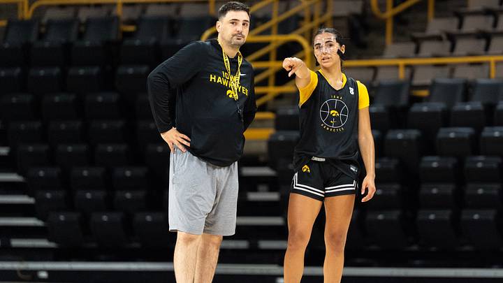 Iowa guard Bria Medina talks to assistant coach Sean Sullivan during practice July 7, 2026 at Carver-Hawkeye Arena in Iowa City, Iowa. Iowa guard Bria Medina talks to assistant coach Sean Sullivan during practice July 7, 2026 at Carver-Hawkeye Arena in Iowa City, Iowa.