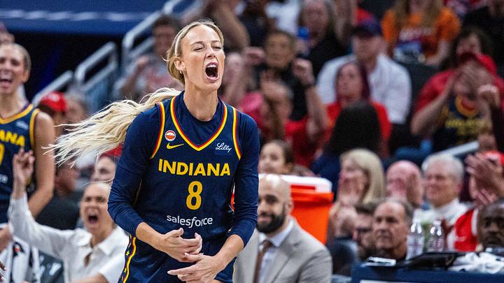 Sep 22, 2026; Indianapolis, Indiana, USA; Indiana Fever guard Sophie Cunningham (8) celebrates a made shot in the first half against the Minnesota Lynx at Gainbridge Fieldhouse. Mandatory Credit: Trevor Ruszkowski-Imagn Images Sep 22, 2026; Indianapolis, Indiana, USA; Indiana Fever guard Sophie Cunningham (8) celebrates a made shot in the first half against the Minnesota Lynx at Gainbridge Fieldhouse. Mandatory Credit: Trevor Ruszkowski-Imagn Images
