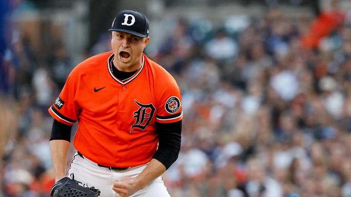 Jul 24, 2026; Detroit, Michigan, USA;  Detroit Tigers pitcher Tarik Skubal (29) celebrates after the third inning against the Kansas City Royals at Comerica Park. Mandatory Credit: Rick Osentoski-Imagn Images