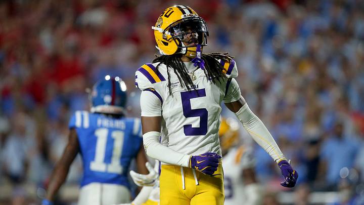 Sep 19, 2026; Oxford, Mississippi, USA; LSU Tigers cornerback DJ Pickett (5) reacts after a pass breakup during the third quarter against the Mississippi Rebels at Vaught-Hemingway Stadium. Mandatory Credit: Petre Thomas-Imagn Images Sep 19, 2026; Oxford, Mississippi, USA; LSU Tigers cornerback DJ Pickett (5) reacts after a pass breakup during the third quarter against the Mississippi Rebels at Vaught-Hemingway Stadium. Mandatory Credit: Petre Thomas-Imagn Images