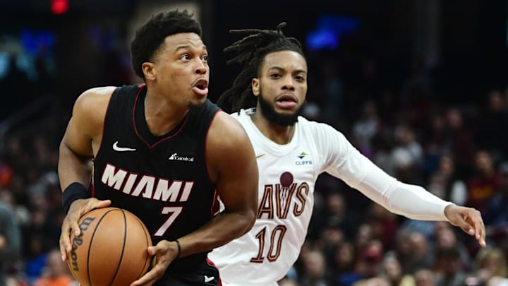 Nov 22, 2023; Cleveland, Ohio, USA; Miami Heat guard Kyle Lowry (7) drives to the basket against