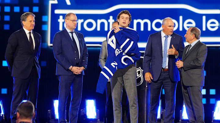 Jun 28, 2024; Las Vegas, Nevada, USA; Ben Danford is selected by the Toronto Maple Leafs with the 31st overall pick in the first round of the 2024 NHL Draft at The Sphere. Mandatory Credit: Stephen R. Sylvanie-Imagn Images