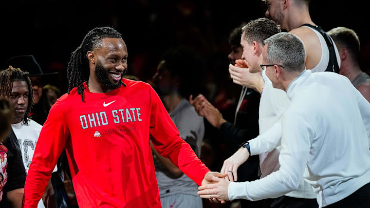 Ohio State Buckeyes guard Bruce Thornton (2) is recognized on senior night before the NCAA game at Value City Arena on Saturday, March 7, 2026 in Columbus, Ohio.