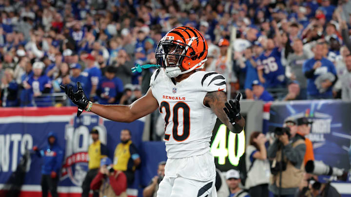 Oct 13, 2024; East Rutherford, New Jersey, USA; Cincinnati Bengals cornerback DJ Turner II (20) react after being called for pass interference during the third quarter against the New York Giants at MetLife Stadium. Mandatory Credit: Brad Penner-Imagn Images