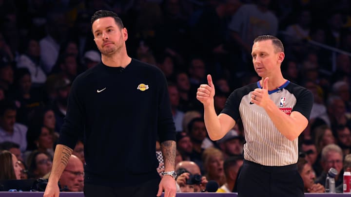 Feb 28, 2025; Los Angeles, California, USA; Los Angeles Lakers head coach JJ Redick reacts to a call by NBA referee Justin Van Duyne (64) during the fourth quarter against the LA Clippers at Crypto.com Arena. Mandatory Credit: Jason Parkhurst-Imagn Images Feb 28, 2025; Los Angeles, California, USA; Los Angeles Lakers head coach JJ Redick reacts to a call by NBA referee Justin Van Duyne (64) during the fourth quarter against the LA Clippers at Crypto.com Arena. Mandatory Credit: Jason Parkhurst-Imagn Images