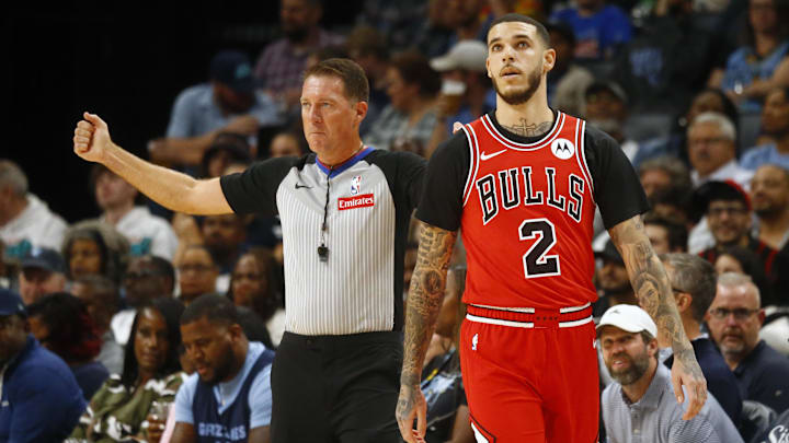 Oct 28, 2024; Memphis, Tennessee, USA; Chicago Bulls guard Lonzo Ball (2) reacts after a foul call during the first half against the Memphis Grizzlies at FedExForum. Mandatory Credit: Petre Thomas-Imagn Images