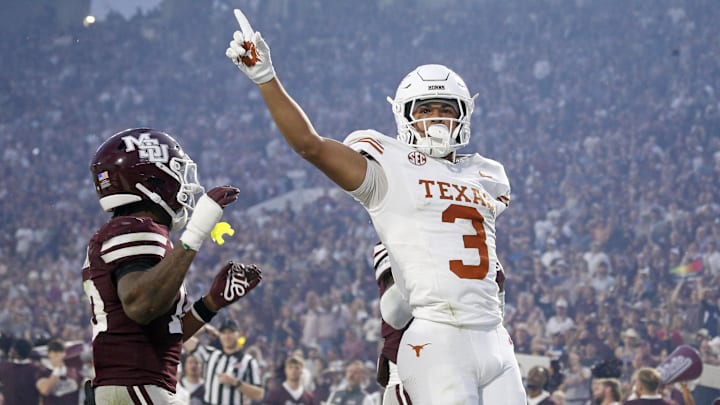 Oct 25, 2025; Starkville, Mississippi, USA; Texas Longhorns wide receiver Emmett Mosley V (3) reacts during the fourth quarter against the Mississippi State Bulldogs at Davis Wade Stadium at Scott Field. Mandatory Credit: Petre Thomas-Imagn Images Oct 25, 2025; Starkville, Mississippi, USA; Texas Longhorns wide receiver Emmett Mosley V (3) reacts during the fourth quarter against the Mississippi State Bulldogs at Davis Wade Stadium at Scott Field. Mandatory Credit: Petre Thomas-Imagn Images