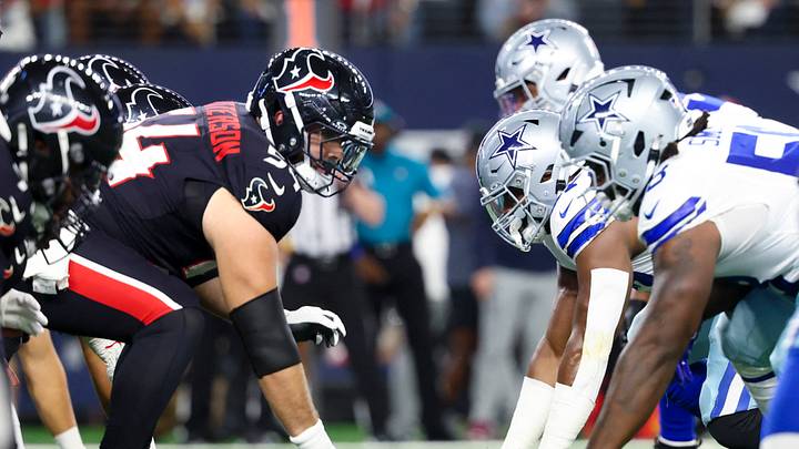 Nov 18, 2024; Arlington, Texas, USA; Line of scrimmage view as the Dallas Cowboys take on the Houston Texans at AT&T Stadium. Mandatory Credit: Kevin Jairaj-Imagn Images Nov 18, 2024; Arlington, Texas, USA; Line of scrimmage view as the Dallas Cowboys take on the Houston Texans at AT&T Stadium. Mandatory Credit: Kevin Jairaj-Imagn Images