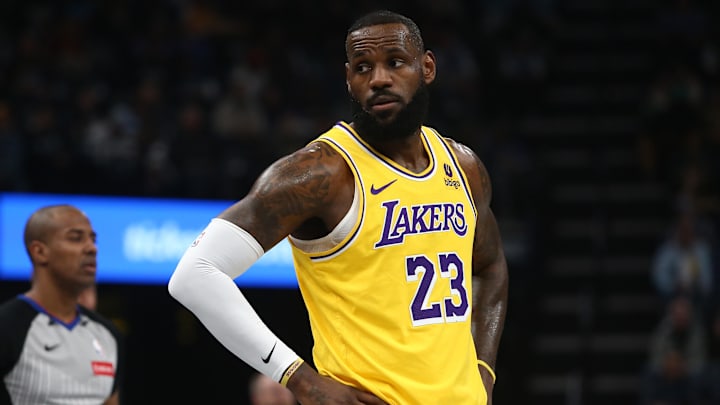 Mar 27, 2024; Memphis, Tennessee, USA; Los Angeles Lakers forward LeBron James (23) reacts during the first half against the Memphis Grizzlies at FedExForum. Mandatory Credit: Petre Thomas-USA TODAY Sports