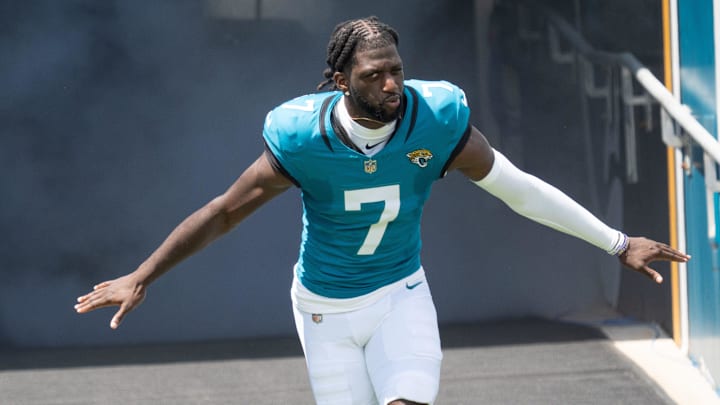 Jacksonville Jaguars wide receiver Brian Thomas Jr. (7) comes out of the tunnel before the start of an NFL football game between the Carolina Panthers at Jacksonville Jaguars at EverBank Stadium Sunday September 7, 2025. [Doug Engle/Florida Times-Union]
