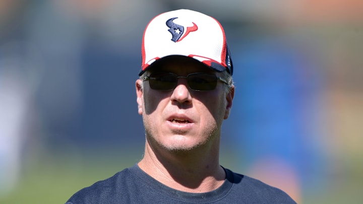 Aug 20, 2014; Englewood, CO, USA; Houston Texans tight ends coach John Perry during scrimmage against the Denver Broncos at the Broncos Headquarters. Mandatory Credit: Kirby Lee-Imagn Images