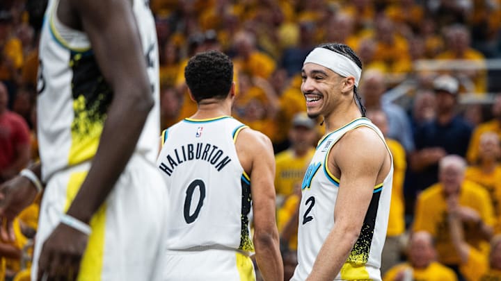 Apr 29, 2025; Indianapolis, Indiana, USA; Indiana Pacers guard Andrew Nembhard (2) celebrates a made basket during game five of the first round for the 2024 NBA Playoffs against the Milwaukee Bucks  at Gainbridge Fieldhouse. Mandatory Credit: Trevor Ruszkowski-Imagn Images