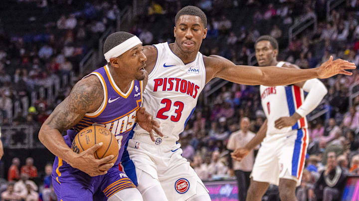 Oct 8, 2023; Detroit, Michigan, USA; Detroit Pistons guard Jaden Ivey (23) defends against Phoenix Suns guard Bradley Beal (3) during the first half of a pre-season game at Little Caesars Arena. Mandatory Credit: David Reginek-Imagn Images