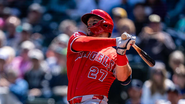 Apr 30, 2025; Seattle, Washington, USA;  Los Angeles Angels right fielder Mike Trout (27) takes a swing during an at-bat against the Seattle Mariners at T-Mobile Park. Mandatory Credit: Stephen Brashear-Imagn Images