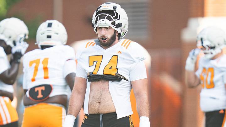 Tennessee offensive lineman Shamurad Umarov (74) during Tennessee football preseason practice in Knoxville, Tennessee, Aug. 14, 2026.