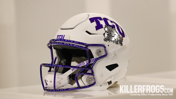 The TCU helmet on display at Big 12 Media Days in Frisco, Texas. The TCU helmet on display at Big 12 Media Days in Frisco, Texas.
