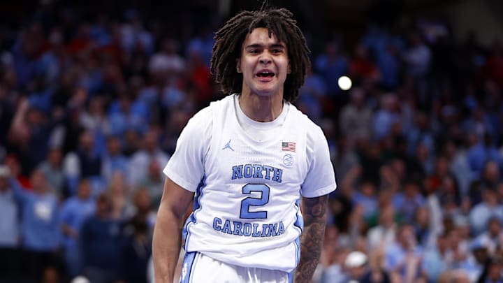 Mar 16, 2024; Washington, D.C., USA; North Carolina Tar Heels guard Elliot Cadeau (2) reacts against the North Carolina State Wolfpack during the first half at Capital One Arena. Mandatory Credit: Amber Searls-USA TODAY Sports