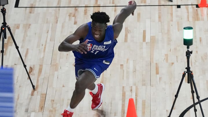 May 12, 2026; Chicago, IL, USA; AJ Dybantsa participates in the 2026 NBA Draft Combine at Wintrust Arena. Mandatory Credit: David Banks-Imagn Images