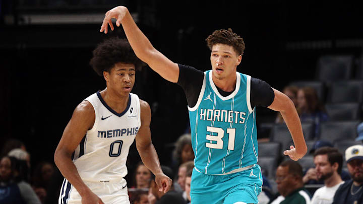 Oct 10, 2024; Memphis, Tennessee, USA; Charlotte Hornets forward Tidjane Salaun (31) reacts after a three point basket during the second half against the Memphis Grizzlies at FedExForum. Mandatory Credit: Petre Thomas-Imagn Images