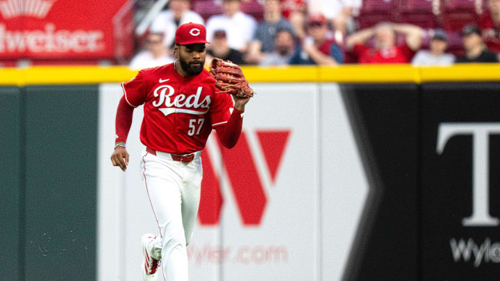 Cincinnati Reds right fielder Rece Hinds (57) catches a fly ball in the fifth inning between the Cincinnati Reds and the San Francisco Giants at Great American Ball in Cincinnati on Tuesday, April 14, 2026.