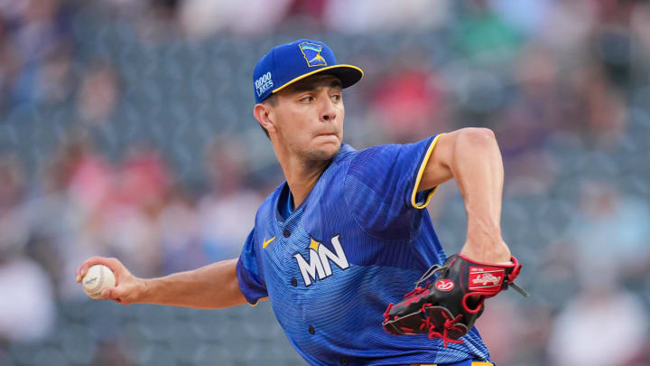 Minnesota Twins pitcher David Festa (58) pitches against the St. Louis Cardinals in the first inning at Target Field in Minneapolis on Aug. 23, 2024. Minnesota Twins pitcher David Festa (58) pitches against the St. Louis Cardinals in the first inning at Target Field in Minneapolis on Aug. 23, 2024.
