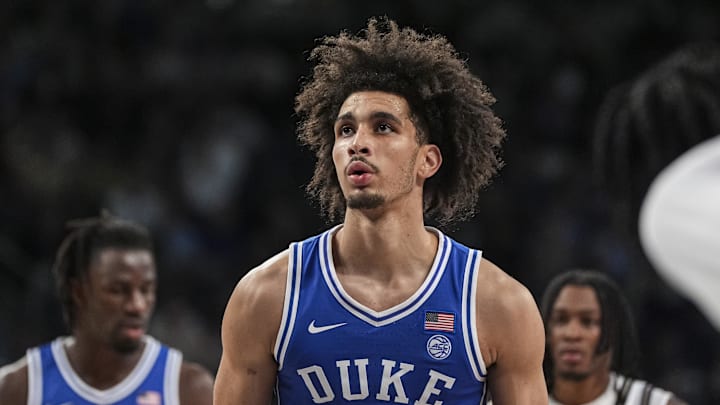 Dec 21, 2024; Atlanta, Georgia, USA; Duke Blue Devils guard Tyrese Proctor (5) on the court against the Georgia Tech Yellow Jackets during the first half at McCamish Pavilion. Mandatory Credit: Dale Zanine-Imagn Images