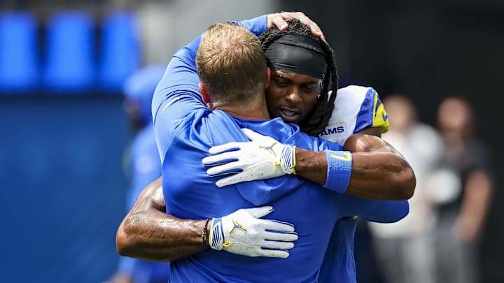 Sep 7, 2025; Inglewood, California, USA; Los Angeles Rams wide receiver Davante Adams (17) hugs coach Sean McVay before the game against the Houston Texans at SoFi Stadium. Mandatory Credit: Kiyoshi Mio-Imagn Images Sep 7, 2025; Inglewood, California, USA; Los Angeles Rams wide receiver Davante Adams (17) hugs coach Sean McVay before the game against the Houston Texans at SoFi Stadium. Mandatory Credit: Kiyoshi Mio-Imagn Images