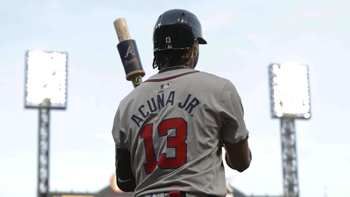 May 24, 2024; Pittsburgh, Pennsylvania, USA;  Atlanta Braves right fielder Ronald Acuna Jr. (13) in the on-deck circle against the Pittsburgh Pirates during the fifth inning  at PNC Park. Mandatory Credit: Charles LeClaire-USA TODAY Sports