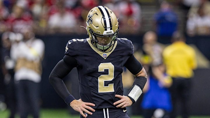 Sep 14, 2025; New Orleans, Louisiana, USA;  New Orleans Saints quarterback Spencer Rattler (2) reacts to missing a pass on 3rd down against the San Francisco 49ers during the second half at Caesars Superdome. Mandatory Credit: Stephen Lew-Imagn Images