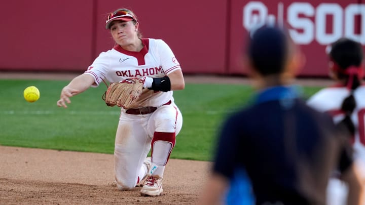 Oklahoma Sooners infielder Gabbie Garcia (42) throws to sedond for an out in the third inning of a college softball game between the University of Oklahoma Sooners (OU) and the Kentucky Wildcats at Love's Field in Norman, Okla., Thursday, April 2, 2026.
