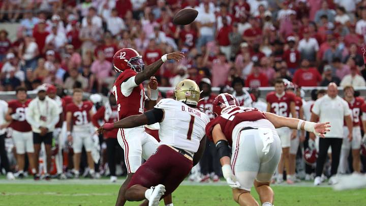 Sep 19, 2026; Tuscaloosa, Alabama, USA; Alabama Crimson Tide quarterback Keelon Russell (12) passes during the second half against the Florida State Seminoles at Saban Field at Bryant-Denny Stadium. Mandatory Credit: David Leong-Imagn Images Sep 19, 2026; Tuscaloosa, Alabama, USA; Alabama Crimson Tide quarterback Keelon Russell (12) passes during the second half against the Florida State Seminoles at Saban Field at Bryant-Denny Stadium. Mandatory Credit: David Leong-Imagn Images