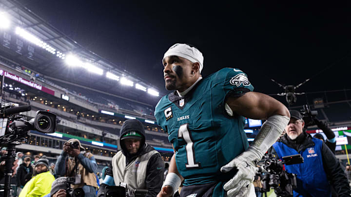Dec 15, 2024; Philadelphia, Pennsylvania, USA; Philadelphia Eagles quarterback Jalen Hurts (1) after a victory against the Pittsburgh Steelers at Lincoln Financial Field. Mandatory Credit: Bill Streicher-Imagn Images