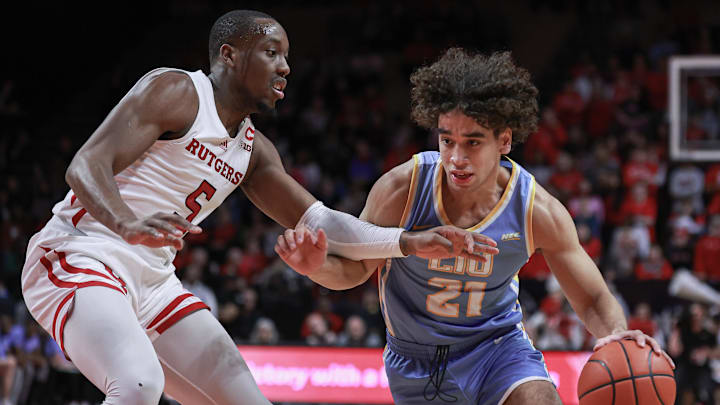 Dec 16, 2023; Piscataway, New Jersey, USA; Long Island Sharks guard Ahmed Essahaty (21) dribbles
