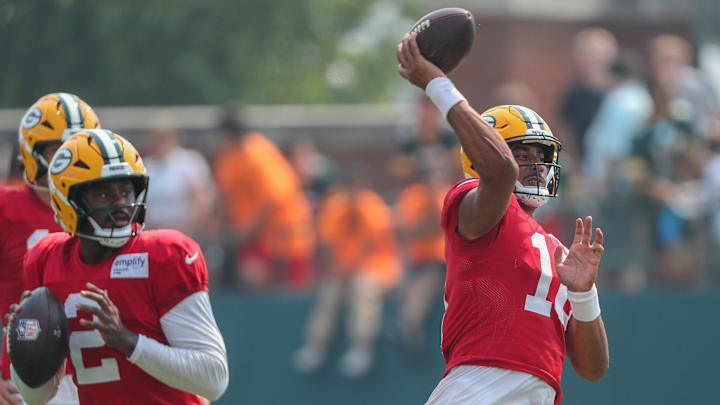 Green Bay Packers quarterback Jordan Love (10) passes the ball during practice on Thursday, July 31, 2025, at Ray Nitschke Field in Ashwaubenon, Wis. 
Tork Mason/USA TODAY NETWORK-Wisconsin