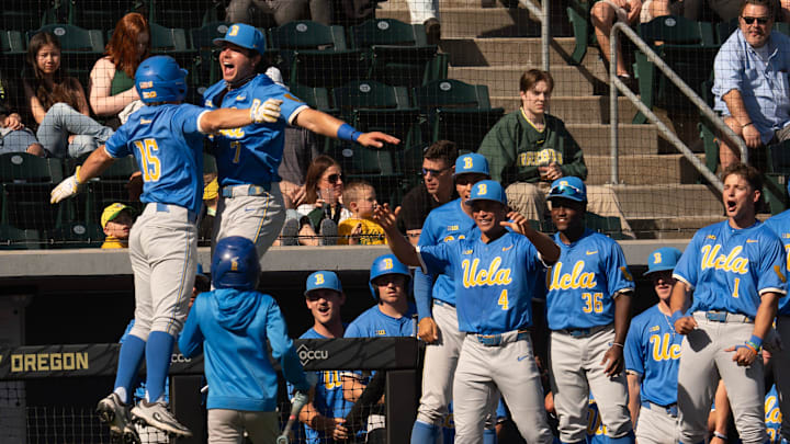 UCLA players celebrate as they break out the bats in the 7th inning to defeat the Oregon Ducks at PK Park in Eugene April 19, 2025 UCLA players celebrate as they break out the bats in the 7th inning to defeat the Oregon Ducks at PK Park in Eugene April 19, 2025