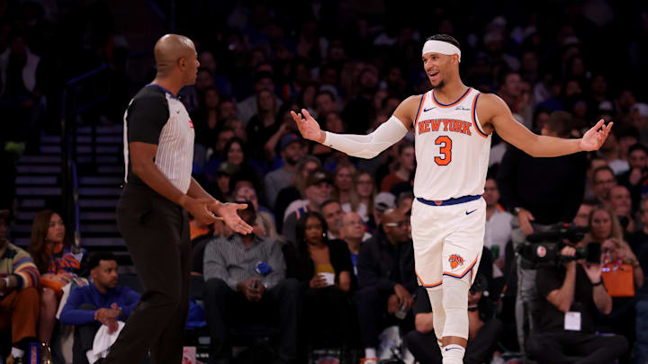 Oct 25, 2024; New York, New York, USA; New York Knicks guard Josh Hart (3) reacts to a call by referee John Butler (30) during the third quarter against the Indiana Pacers at Madison Square Garden. Mandatory Credit: Brad Penner-Imagn Images
