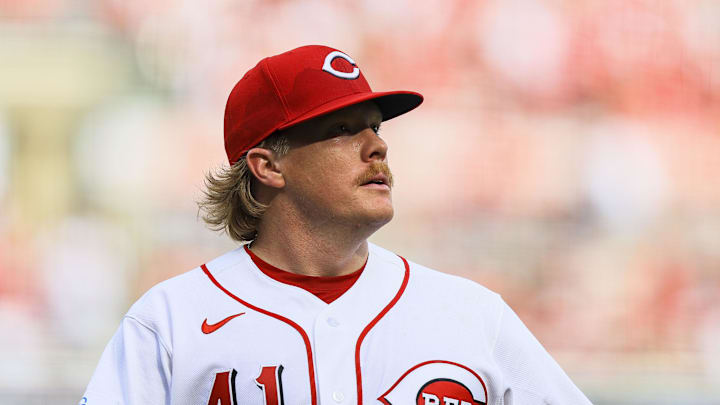 Mar 26, 2026; Cincinnati, Ohio, USA; Cincinnati Reds starting pitcher Andrew Abbott (41) walks off the field at the end of the fifth inning in the game against the Boston Red Sox at Great American Ball Park. Mandatory Credit: Katie Stratman-Imagn Images