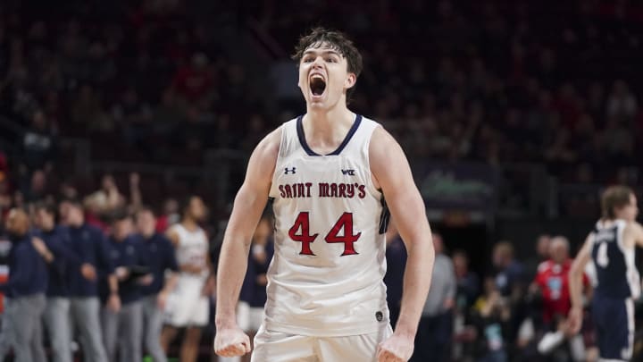 March 12, 2024; Las Vegas, NV, USA; Saint Mary's Gaels guard Alex Ducas (44) celebrates against the Gonzaga Bulldogs during the second half in the finals of the WCC Basketball Championship at Orleans Arena. Mandatory Credit: Kyle Terada-USA TODAY Sports