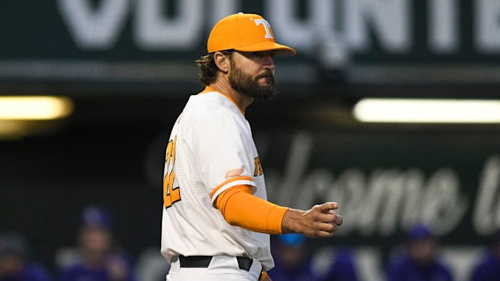 Tennessee head baseball coach Tony Vitello points during a NCAA baseball game at Lindsey Nelson